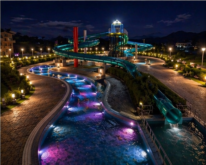 流れるプールとスライダーの夜景